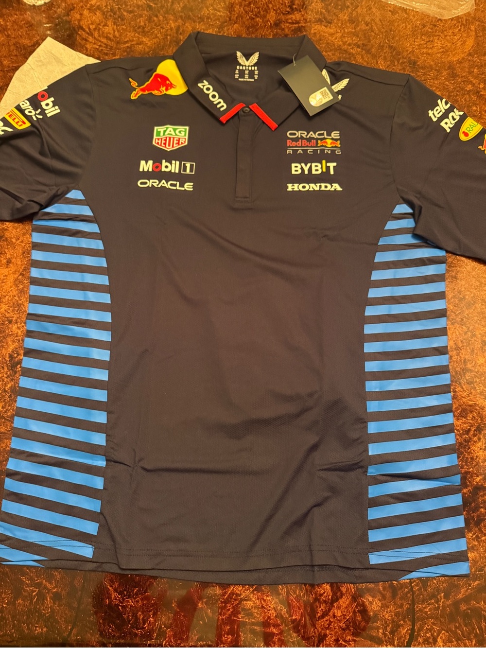 Oracle Red Bull Racing Men’s Navy Polo with Blue Stripe Panels